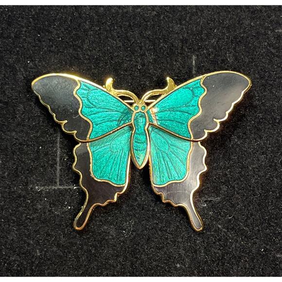 David Andersen Norway Butterfly Brooch Green Black Enamel 3 Fish Mark Vintage - Picture 1 of 6